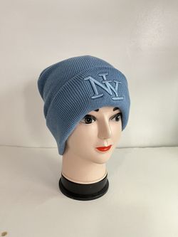 Embroidered NY Men Women Winter Knit Fur lined Beanie Hat - Steel Blue