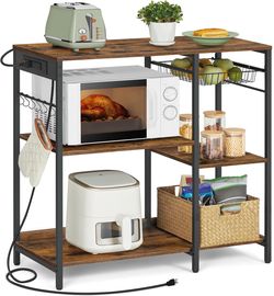 Baker's Rack, Coffee Bar Stand with Charging Station, 35.6 Inches Tall, Storage Shelves, Pull-Out Wire Basket, Table for Microwave, Kitchen, Rustic Br