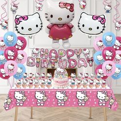Kitty Birthday Party Supplies, Party Decorations Set Include Banner, Balloons, Hanging Swirls, Cake Cupcake Toppers, Tablecloth for Girls Kitty Theme