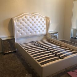 Queen bedframe with nightstands and mirrors