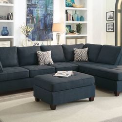 Blue Sectional Sofa - Ottoman Sold Separate 