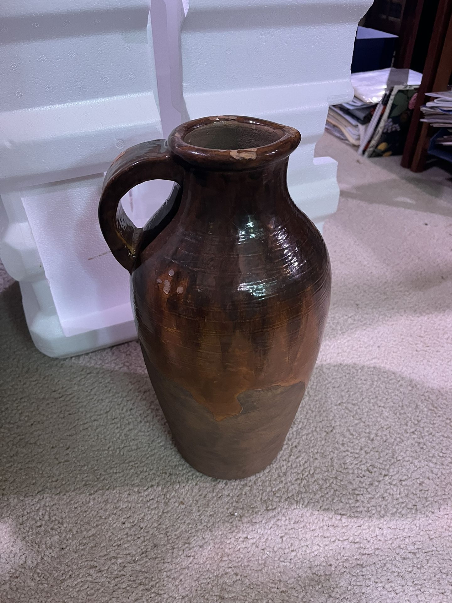 Vintage Brown Pottery Vase With Handle&Spout Rustic Finish