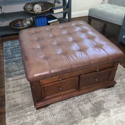 Brown leather and Wood Storage Ottoman 