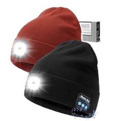 Bluetooth Beanie Hat with Light for Men 2 Pack, Rechargeable LED Beanie with Light, Headlamp Cap Wireless Headphones Built-in Speaker Mic for Teens St