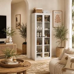 72" Metal Storage Cabinets with Glass Doors, Kitchen Pantry Cabinet,Freestanding J-3