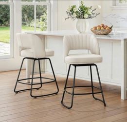 Set of 2. Cream White Modern Faux Leather 360° Swivel High Back Barstools Metal Frame Counter Height Bar Stool