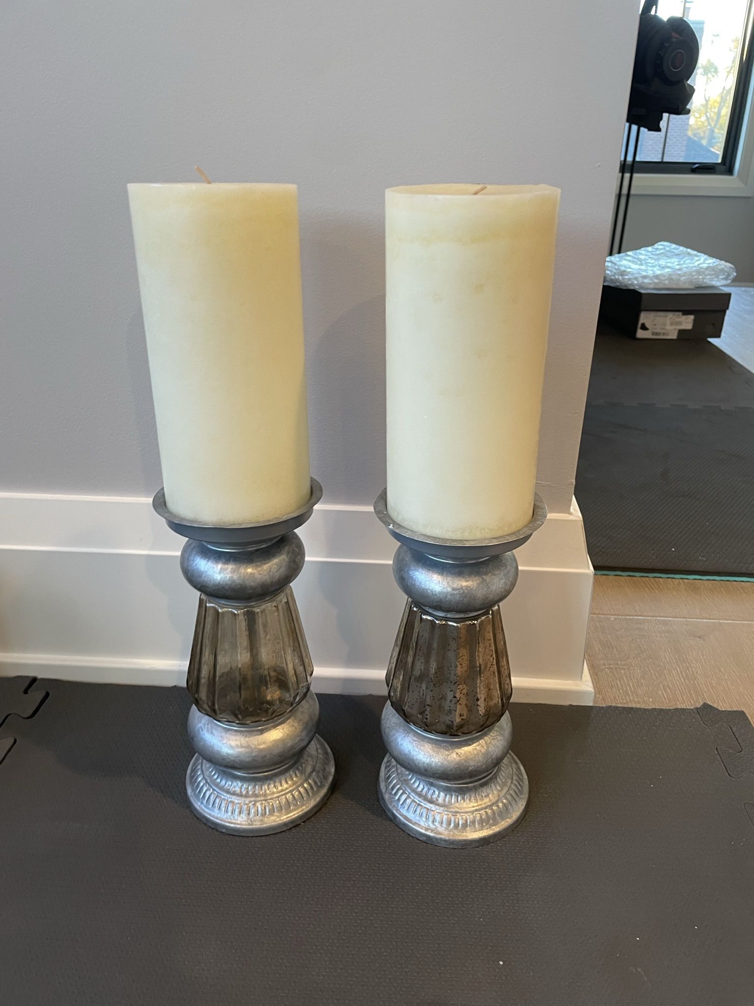 Antique Glass Galv Metal Pillar Holder