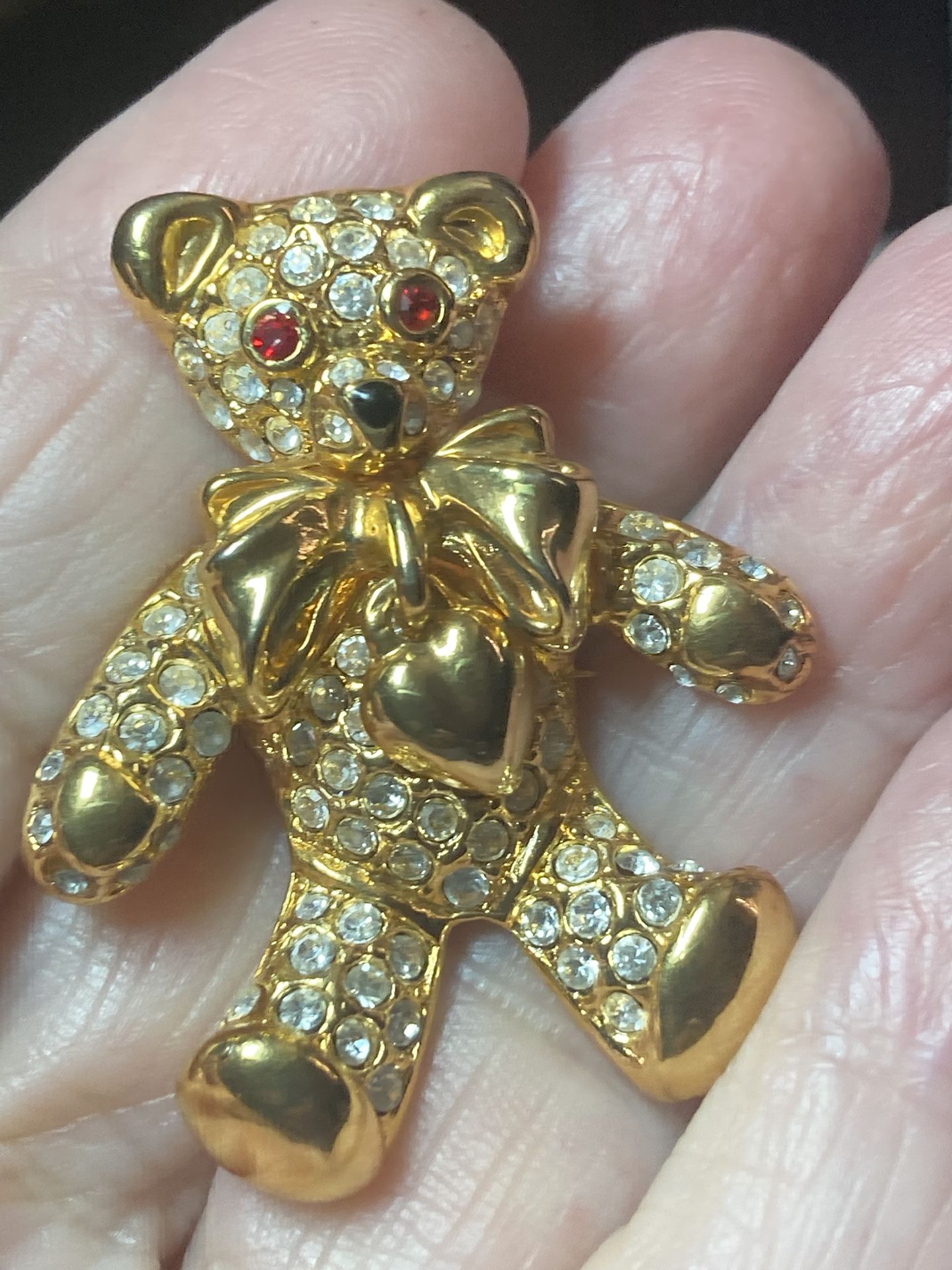 Rhinestone Teddy Bear Heart Brooch