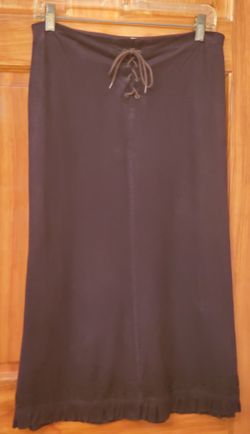 Betty B Paris Midi Brown Skirt L France Simple Plain Tied Waist Split Front Embroidered Ruffled Hem