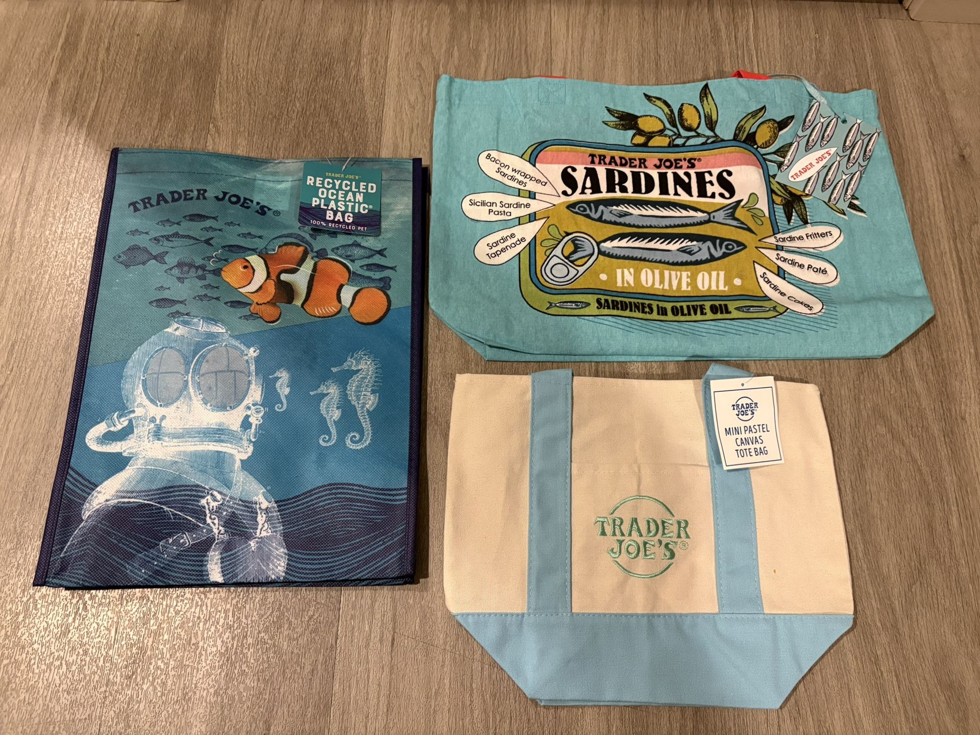 Trades Joe’s Mini Canvas, Ocean & Sardines Bags- $40 (Gilbert)