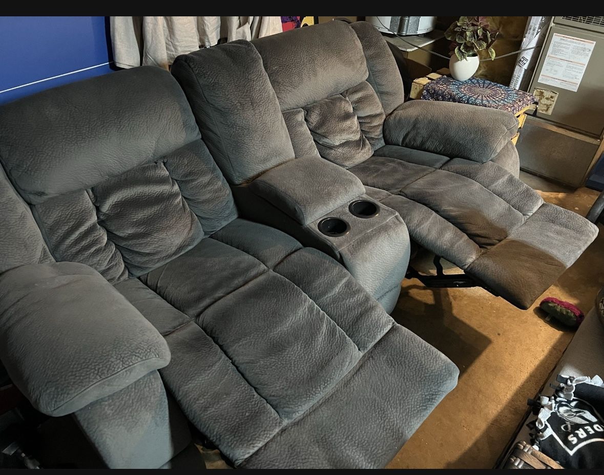 Recliner Couch - Grey Two Seat With Cup holders