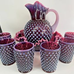 Fenton Plum Opalescent Hobnail Bowl & Ice Lip Pitcher with 6 Tumblers (Rare)