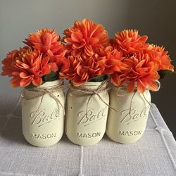Chalk Painted & Distressed Mason Jar Vases 3 For $18