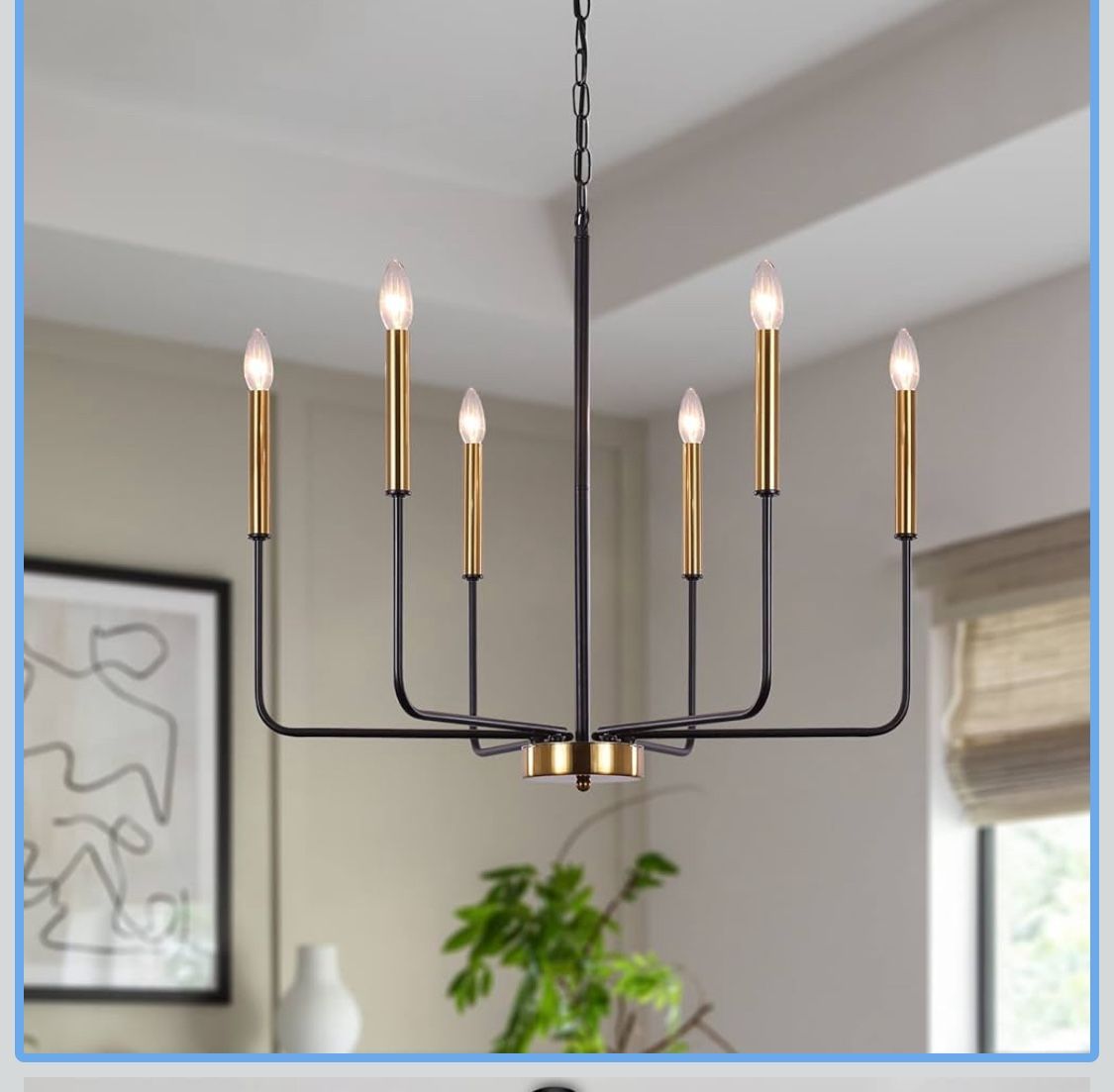 Modern Farmhouse Chandelier for Dining Room, 6 Lights Chandelier Light Fixture Adjustable Height, Black and Gold Hanging Candle Pendant Lighting for K