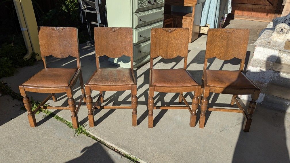 Set of 4 Vintage Solid Oak Dining Chairs - Jacobean / Spanish Revival Style