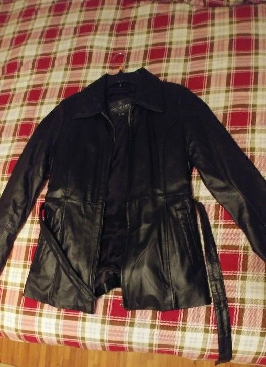 Black leather zip-up overcoat