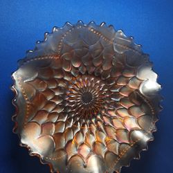 ANTIQUE DUGAN  MARIGOLD CARNIVAL GLASS FISH SCALE & BEADS BOWL
