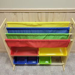 Kids Sling Bookcase With Plastic Storage Bins (Missing 1 Bin)