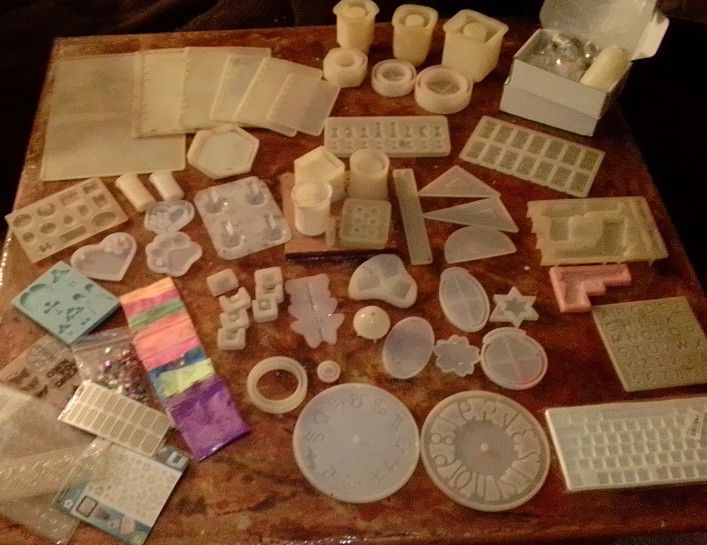 Over 60 Piece Lot Of Silicone Epoxy Resin Casting Molds With Powdered Colors And Extras