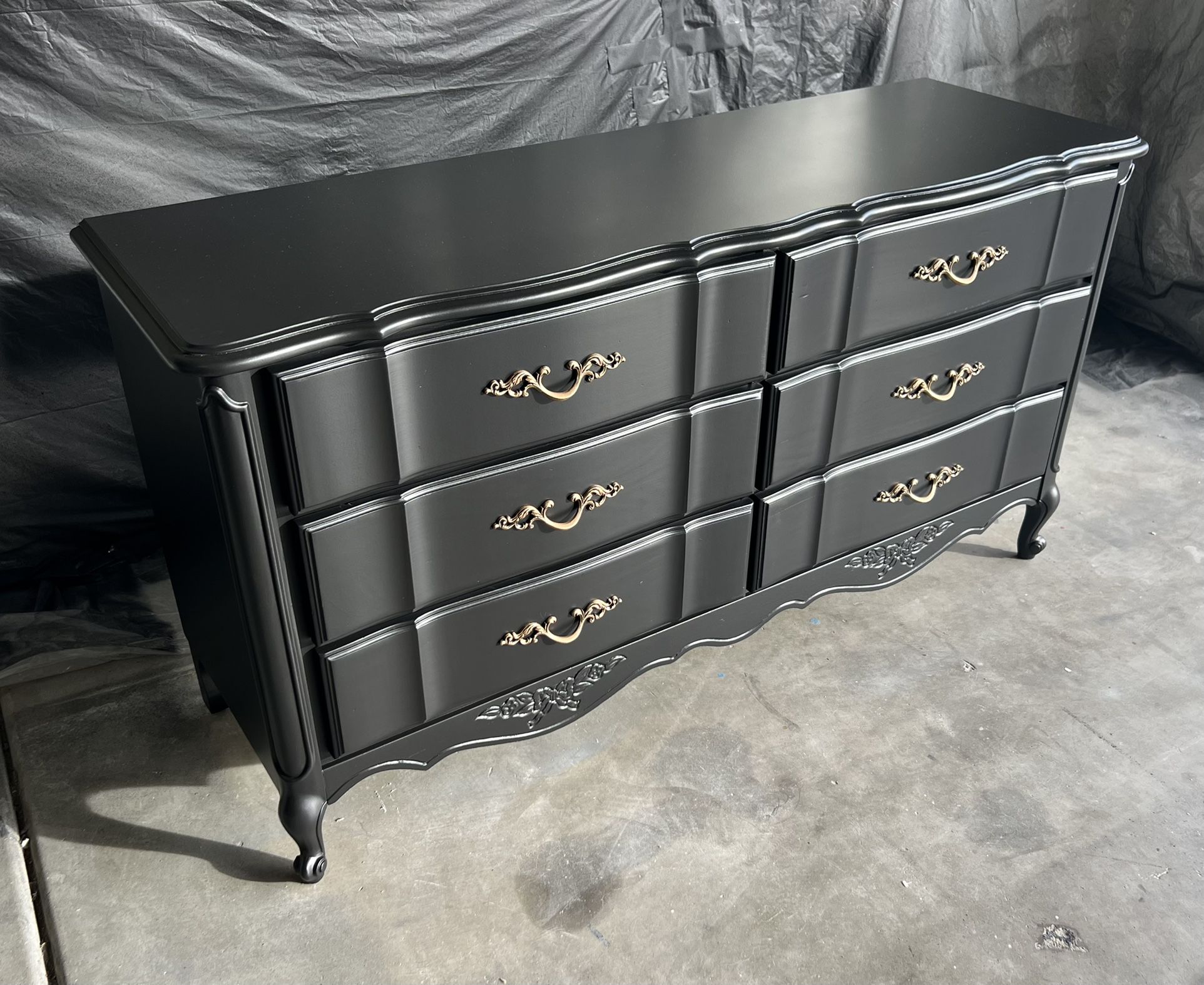 French Provincial Luxury High End Solid Wood Black 6 Drawer Dresser