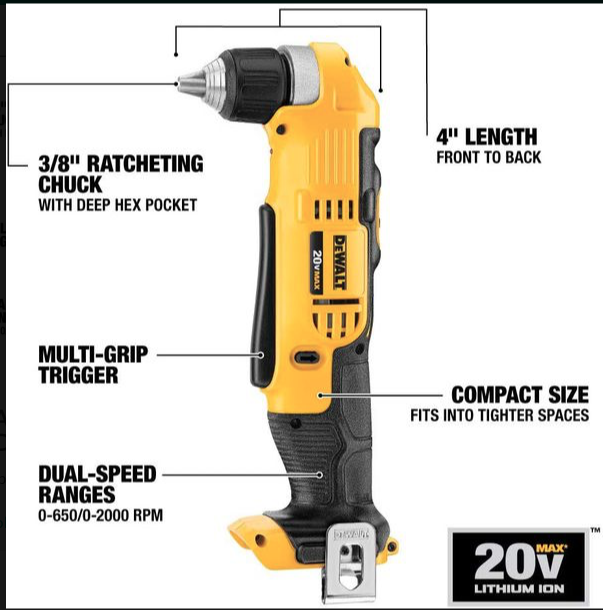 DEWALT 20V MAX Right Angle Drill, Cordless, Tool Only DCD740. Brand New