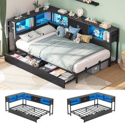 Twin Corner Bed Frame with Storage Drawers and Bookcase Headboard, Twin Size Metal Platform Corner Bed Frame with Charging Station and LED Lights, Twi