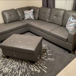 New Gray Leather Sectional Couch Sofa With Free Storage Ottoman And Pillows 