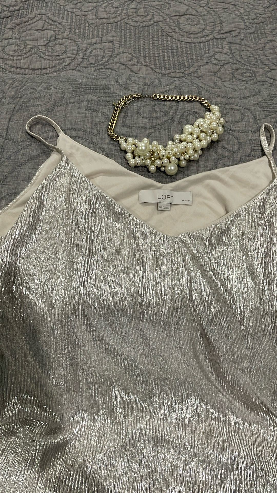 Beautiful Loft Silver Evening Strap Blouse- Petite Medium. Necklace Not Included.
