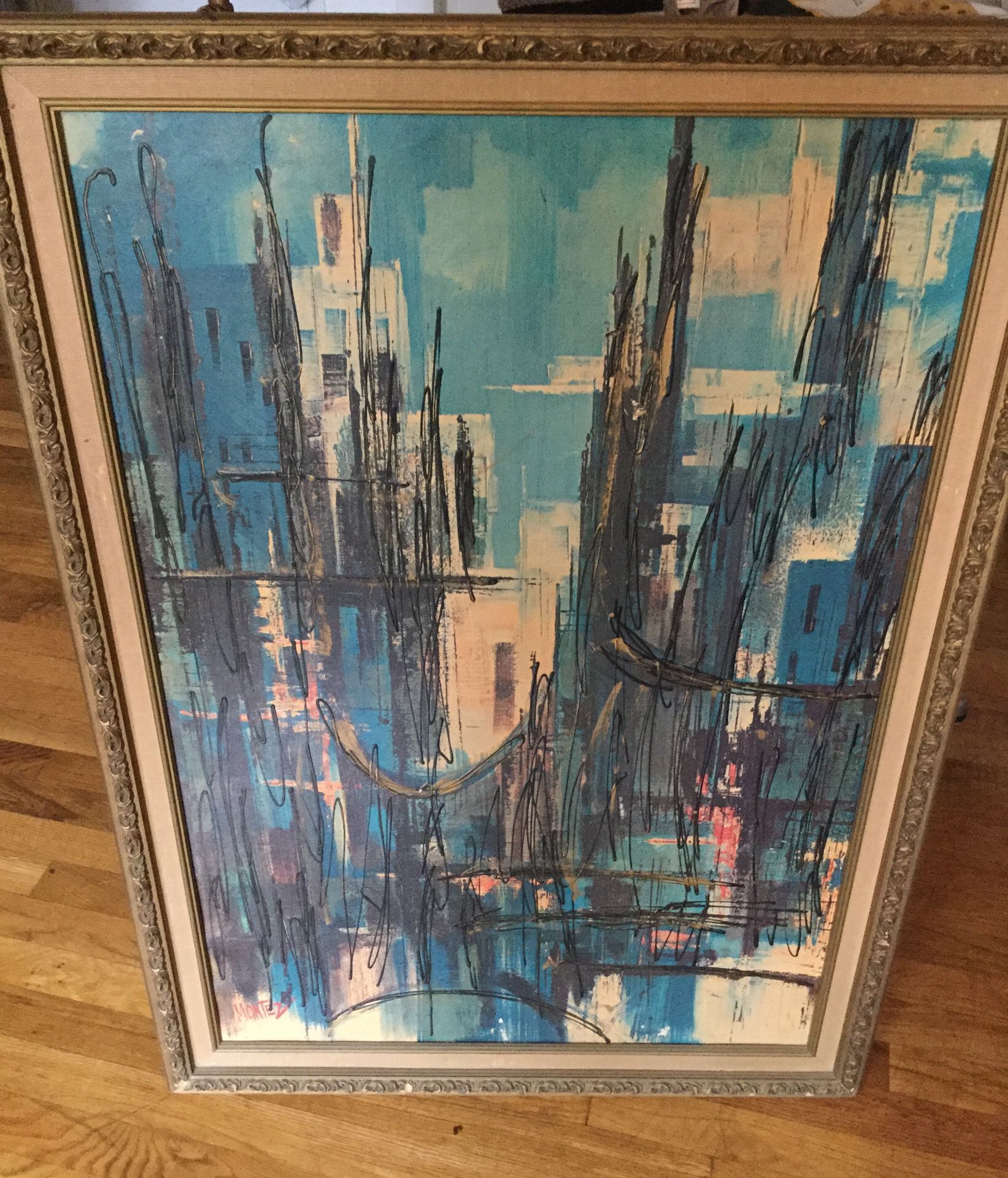 Mid-Century ABSTRACT SKYLINE PAINTING Signed MONTEZ Ornate Frame 28”x40”