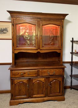 Oak China Hutch with Leaded Glass Doors