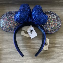 Authentic Disney Parks 2020 Blue and Silver Sequined Minnie Ears & Headband