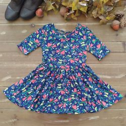 2T BLUE HEARTS & BIRDS JERSEY KNIT 3/4 SLEEVE CIRCLE SKIRT DRESS 