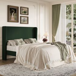Full Size Platform Bed Frame with Velvet Upholstered Wingback Headboard, Green