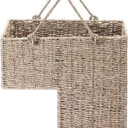 14-Inch Wicker Staircase Basket with Handles - Handmade L-Shaped Woven Seagrass Stair-Style Storage Organizer - Durable Container 