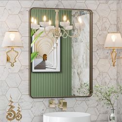 20"X30" Bronze Bathroom Mirror for Vanity Rounded Rectangle, Brushed Bronze Metal Frame, Anti- Rust, Hangs Horizontally or Vertically