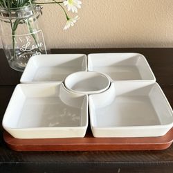 6piece Appetizer serveware w/wood tray 12"x9.5" in excellent condition 
