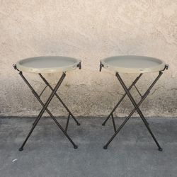 Set 2 Round Circle Folding Bar Table Rustic Distressed Wood Metal TV Tray 