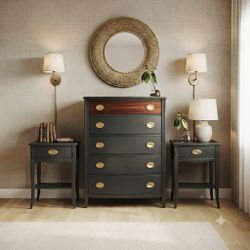 Two-Tone Bow Front 5-Drawer Chest and nightstands, tall dresser and lampstands
