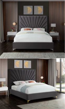 King Upholstered Bed Frame – Grey Velvet – Excellent Condition