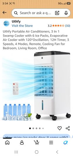 Uthfy Portable Air Conditioners, 3 In 1 Swamp Cooler with 6 Ice Packs, Evaporative Air Cooler with 120°Oscillation, 12H Timer, 3 Speeds, 4 Modes, Remo