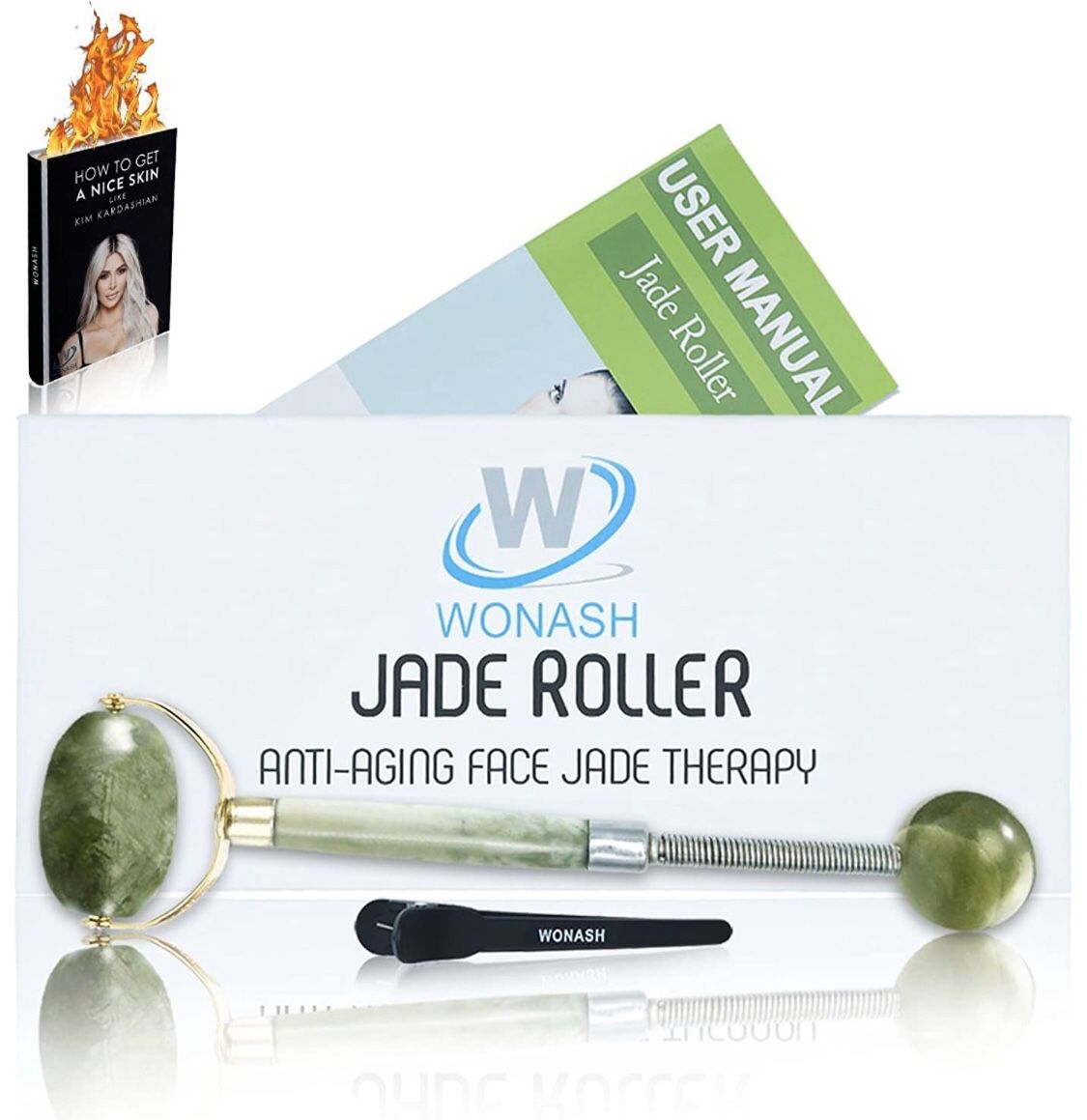 Top Rated Jade Roller for Face by Wonash | 100% Natural Jade Stone | Bonus Ebook | 100% Handmade | Anti-Aging, Anti-Wrinkle Beauty Skincare Tool | fo