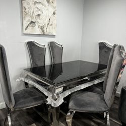 Modern Gray Dining Table Set – Glass Top Table with 6 Chairs