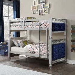 Brand New Luxurious Silver Twin bunk bed With Blue Velvet Upholstery And Crystal Tufting