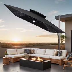 11 ft. Square Double Top Aluminum Outdoor 360° Rotation Cantilever Patio Umbrella with Solar LED Lighted in Black