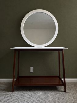 Modern Wood Console Table & Round Mirror Set