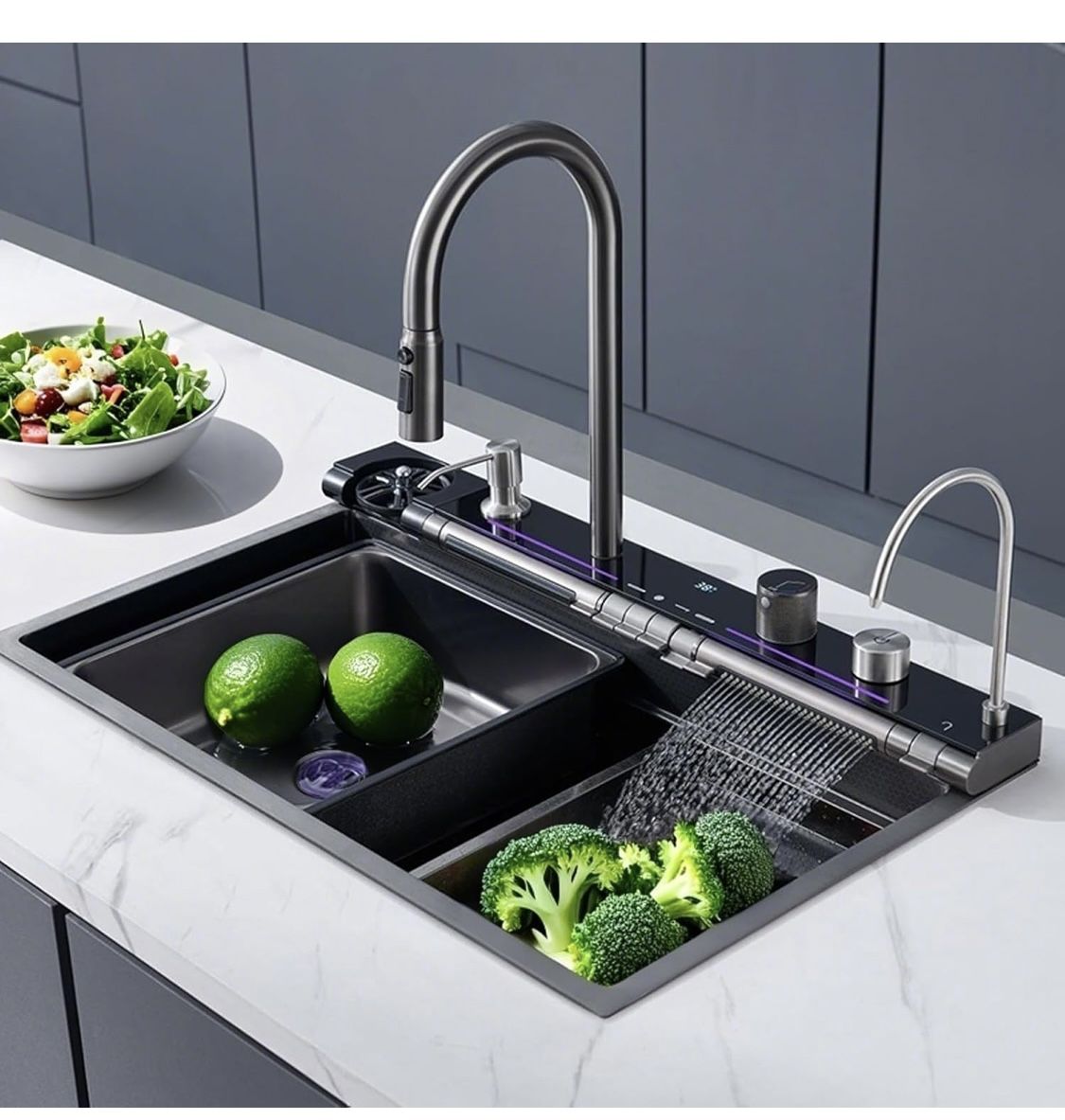 Single Bowl Modern Smart Sinks 30x17×9" Stainless Steel Kitchen Sink with Faucet & Cup Washer & Soap Dispenser Full Set Combo Battery-free Temperature