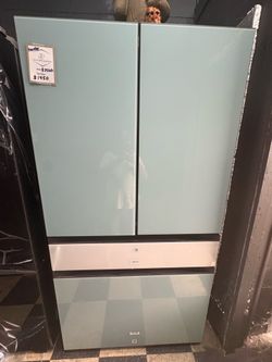 Samsung Bespoke Refrigerator With Beverage Center In Morning Blue And White Glass
