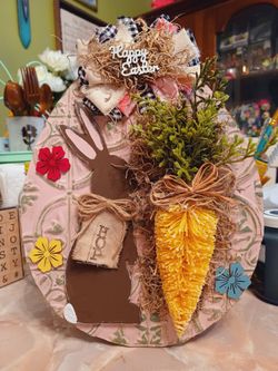 Cute Bunny Egg Sign Made On Hard Cardboard, 13"Inches Tall