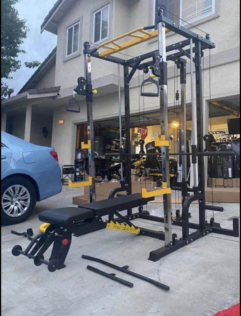 Smith Machine Combo With Fully Adjustable Bench And 300lb Olympic Weight Set With Barbell And Clips