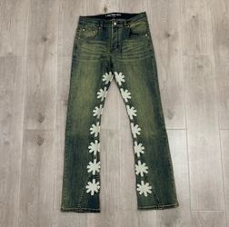 Luxury green jeans with flowed pattern down leg br